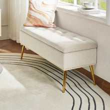 Load image into Gallery viewer, Mid-Century Modern Bed Storage Bench with Ivory Velvet Seat and Gold Legs