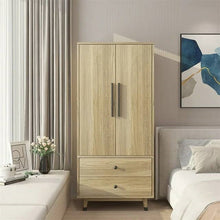 Load image into Gallery viewer, Mid-Century 2-Door Armoire Wardrobe Cabinet with Hanging Rail in Oak Finish