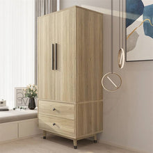Load image into Gallery viewer, Mid-Century 2-Door Armoire Wardrobe Cabinet with Hanging Rail in Oak Finish