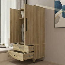 Load image into Gallery viewer, Mid-Century 2-Door Armoire Wardrobe Cabinet with Hanging Rail in Oak Finish