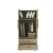Load image into Gallery viewer, Mid-Century 2-Door Armoire Wardrobe Cabinet with Hanging Rail in Oak Finish