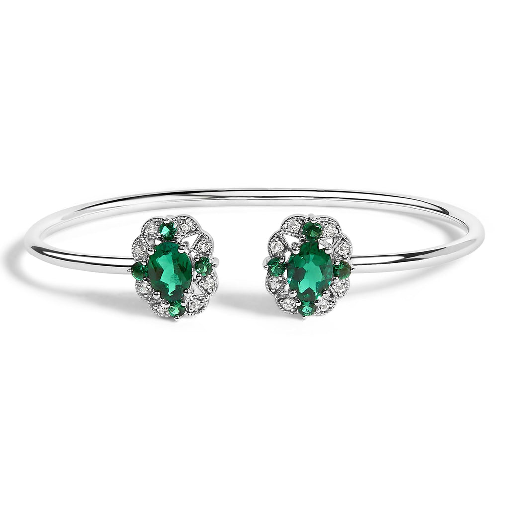 Sterling Silver White Topaz and Green Emerald Floral Bangle Bracelet 6.5 Inch