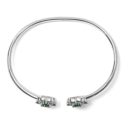 Sterling Silver White Topaz and Green Emerald Floral Bangle Bracelet 6.5 Inch