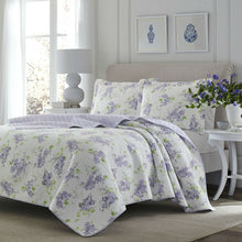 Load image into Gallery viewer, Full / Queen size 3-Piece Cotton Quilt Set with White Purple Floral Pattern