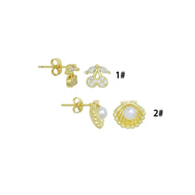 Load image into Gallery viewer, Clear CZ White Pearl Gold Cherry Clam Shell Stud Earrings, Sku#LD733