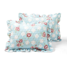 Load image into Gallery viewer, King size Vintage Rose Ruffle Edge Light Quilt Set in Blue White and Pink