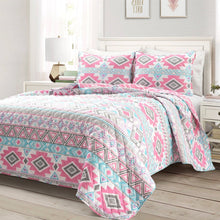 Load image into Gallery viewer, Twin Southwest Indian Style Polyester Pink Blue Striped Reversible Quilt Set