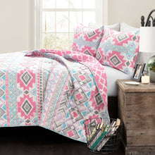 Load image into Gallery viewer, Twin Southwest Indian Style Polyester Pink Blue Striped Reversible Quilt Set
