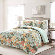 Load image into Gallery viewer, 3 Piece FarmHouse Teal Floral Cotton Reversible Quilt Set, King