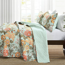 Load image into Gallery viewer, 3 Piece FarmHouse Teal Floral Cotton Reversible Quilt Set, King