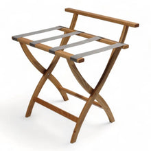 Load image into Gallery viewer, Solid Wood High Back Luggage Rack with Grey Straps in Light Wood Finish