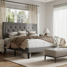 Load image into Gallery viewer, Full size Grey Linen Upholstered Platform Bed Frame with Button-Tufted Headboard