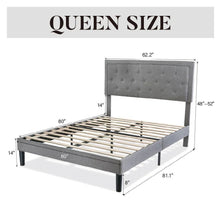 Load image into Gallery viewer, Queen Grey Linen Upholstered Platform Bed Frame with Button-Tufted Headboard