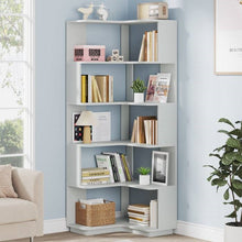 Load image into Gallery viewer, Multifunctional 6 Shelf Corner L-Shaped Bookcase in Sliver Grey Wood Finish
