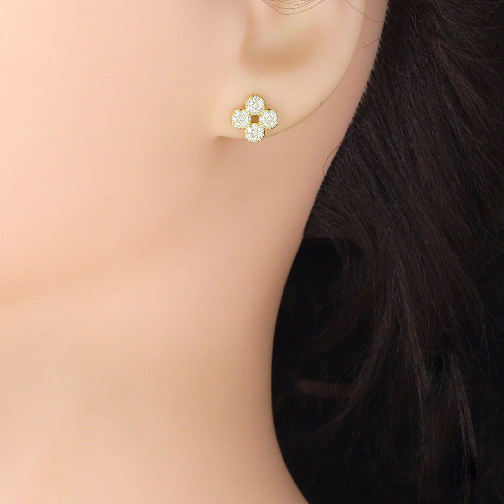 Clear CZ Gold Clover flower Stud Earrings, Sku#LK1302