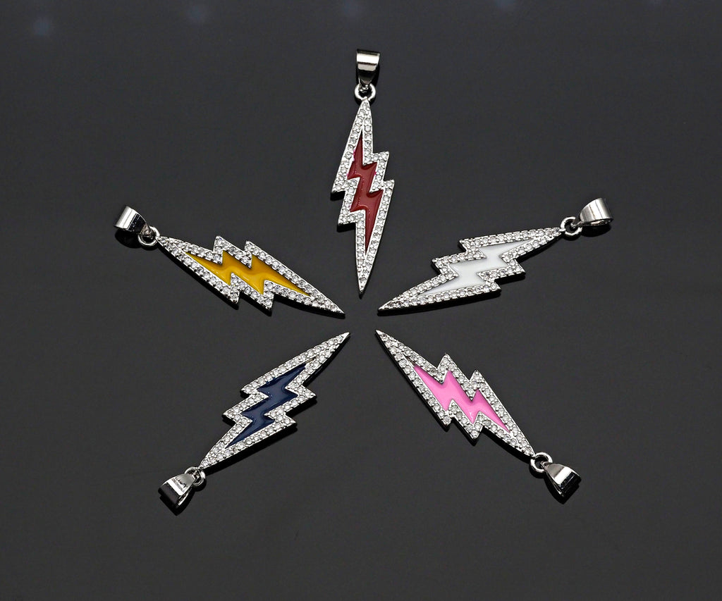 Enamel Colorful Lightning Shape Pendant Silver Finish, CZ Micro Pave Lightning Charm, Enamel pendant,Enamel Jewelry, 10x37mm, sku#LK138