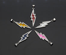 Load image into Gallery viewer, Enamel Colorful Lightning Shape Pendant Silver Finish, CZ Micro Pave Lightning Charm, Enamel pendant,Enamel Jewelry, 10x37mm, sku#LK138