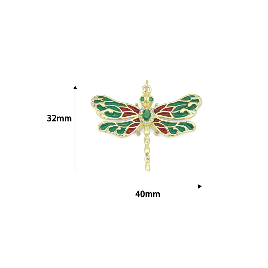 Colorful Enamel Dragonfly Shape Pendant,18K Gold Filled Fuchsia CZ Micro Pave Dragonfly Charm, Necklace Bracelet Charm Pendant, Sku#LK573