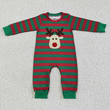 Load image into Gallery viewer, Red green stripe reindeer embroidery boy Christmas romper