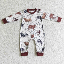 Load image into Gallery viewer, Polka dots cows long sleeve brown baby boy romper
