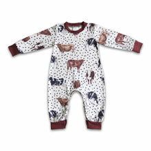 Load image into Gallery viewer, Polka dots cows long sleeve brown baby boy romper