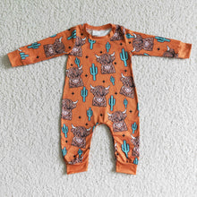 Load image into Gallery viewer, Highland cow cactus long sleeve brown kids boy romper