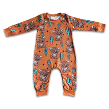 Load image into Gallery viewer, Highland cow cactus long sleeve brown kids boy romper