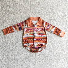 Load image into Gallery viewer, Orange horse aztec baby boy western romper