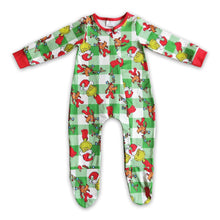 Load image into Gallery viewer, Plaid green face baby kids Christmas zipper footed coverall