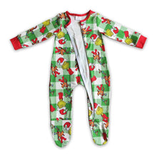 Load image into Gallery viewer, Plaid green face baby kids Christmas zipper footed coverall