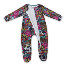 Load image into Gallery viewer, Turquoise sunflower hats baby western zipper footed coverall