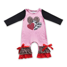 Load image into Gallery viewer, Heart print leopard ruffles baby girls Valentine's romper