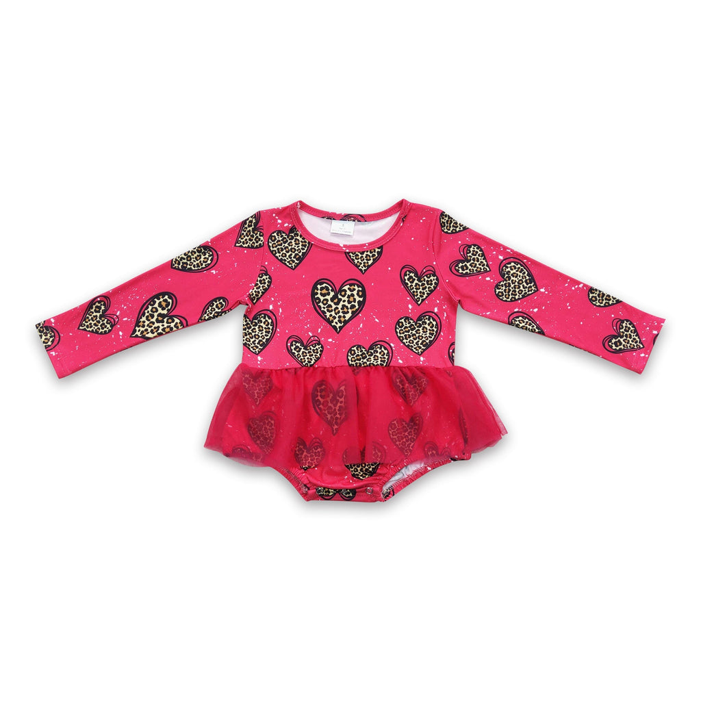 Leopard heart tulle baby girls valentine's romper