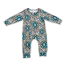 Load image into Gallery viewer, Turquoise leopard baby kids western footed zipper coverall