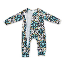 Load image into Gallery viewer, Turquoise leopard baby kids western footed zipper coverall