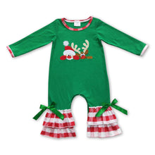 Load image into Gallery viewer, Green deer ruffle baby girls Christmas romper