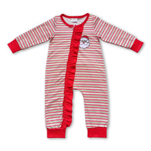 Load image into Gallery viewer, Santa red green stripe ruffle baby girls zipper Christmas romper