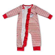 Load image into Gallery viewer, Santa red green stripe ruffle baby girls zipper Christmas romper