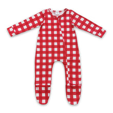 Load image into Gallery viewer, Red plaid baby girls ruffle footed zipper Christmas coveralls