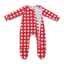 Load image into Gallery viewer, Red plaid baby girls ruffle footed zipper Christmas coveralls