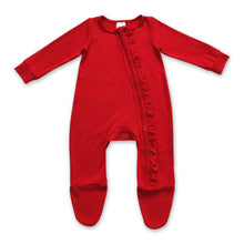 Load image into Gallery viewer, Red baby girls ruffle footed zipper Christmas coveralls