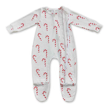 Load image into Gallery viewer, Candy cane baby girls ruffle footed zipper Christmas coveralls
