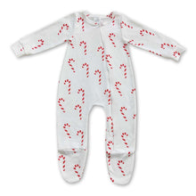 Load image into Gallery viewer, Candy cane baby girls ruffle footed zipper Christmas coveralls