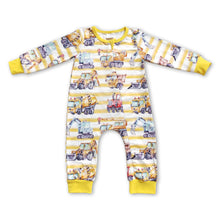 Load image into Gallery viewer, Yellow stripe constructions baby boy zipper romper
