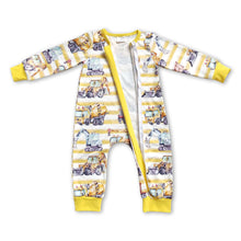 Load image into Gallery viewer, Yellow stripe constructions baby boy zipper romper