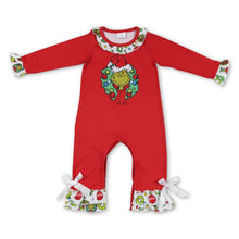 Load image into Gallery viewer, Green face jingle bell red baby girls Christmas romper