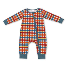 Load image into Gallery viewer, Brown blue plaid baby kids fall zipper romper