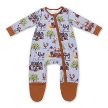 Load image into Gallery viewer, Tractor chicken cow pig baby kids farm footed coveralls