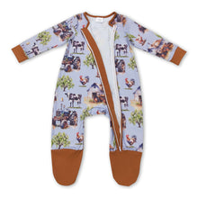Load image into Gallery viewer, Tractor chicken cow pig baby kids farm footed coveralls
