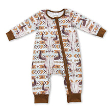 Load image into Gallery viewer, Brown pockets bull skull western baby boy zipper romper